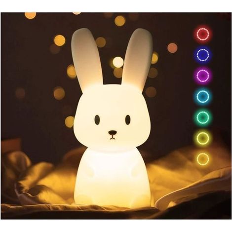 Lapin Veilleuse Bebe Avec 7 Changements de Lumière,Contrôle de tap,Recharge USB, Lampe de Chevet Pour Chambre D'enfant Cadeau Jouet (1/4)