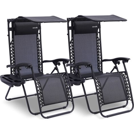 Set de 2 Chaises Pliantes - Chaise Longue Réglable pour Extérieur avec Table Latérale, Porte-Gobelets, Oreillers Amovibles - Patio, Jardin, Plage - Inclut Appui-Tête et Visière Pare-Soleil (1/5)