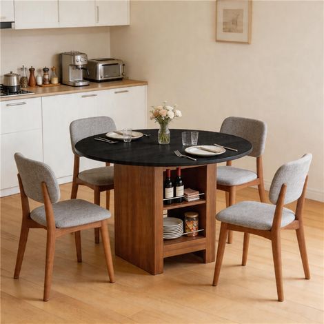Table salle à manger ronde 100 cm rangement noyer métal 2 à 4 personnes design moderne petit espace cuisine salle à manger (1/5)