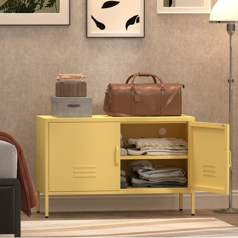Meuble TV en acier jaune avec portes, étagères réglables, passe-câbles et entretien facile (1/5)