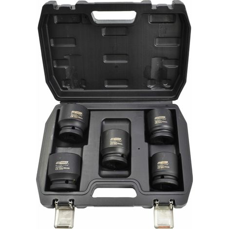 Juego de vasos de impacto 3/4" AWTOOLS, 5 piezas, uso profesional, acero CrMo, tamaños esenciales para mecánica pesada, línea Black Line de alta durabilidad.