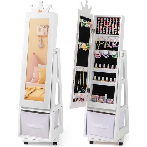GOPLUS 3 en 1 Armoire à Bijoux Enfant Fille, Armoire a Bijoux sur Pied avec Miroir Pleine Longueur Pivotant à 360°, 4 Roues Universelles, Organisateur de Bijoux avec Rangement (1/5)