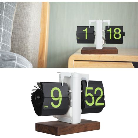 Reloj digital de solapa, movimiento de 12 horas, esfera de una sola cara con números grandes, automático, diseño retro, marco blanco, base de madera mate, lateral verde (1/5)