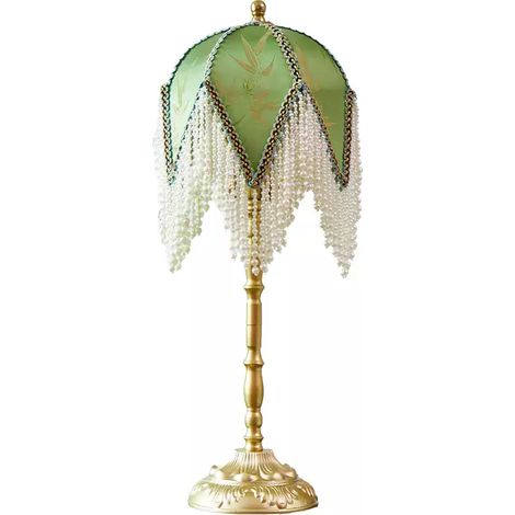 Lampe de table décorative à base en laiton pur ornée de pompons, lampe de chevet - interrupteur à bouton, gradation tricolore, perle de jade (1/3)