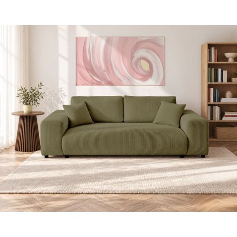 Lisa Design – Canapé droit 3 places en velours côtelé vert – Assise large et profonde – Coussins déhoussables – Style contemporain