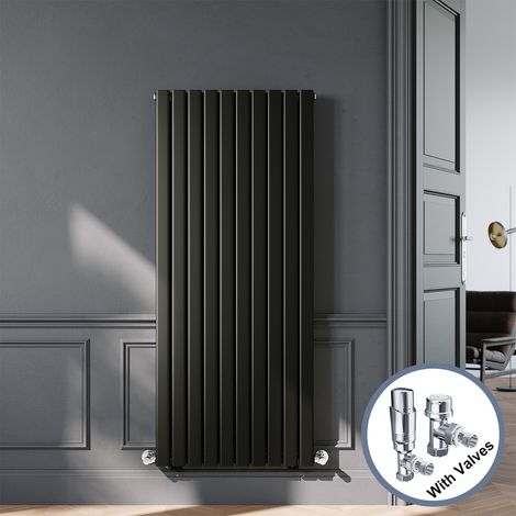 ELEGANT Black Designer Vertical Radiator Double Panel Rads 1600 x 680mm with Chrome Angled Thermostatic Radiator Valves (1/5)
