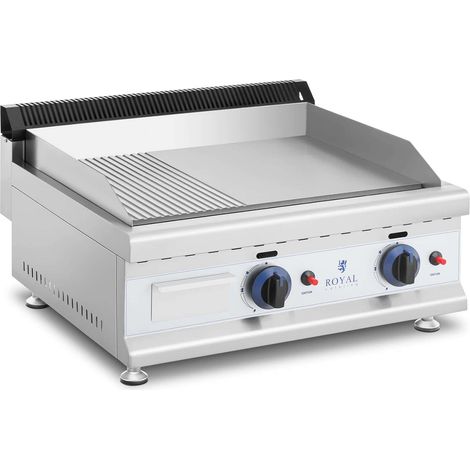 Royal Catering Plancha de Gas de Acero Inoxidable Profesional 60 cm 2 Zonas de Cocción 2 x 3 100 Watts (Placa de 60 x 40 cm 20 mbar Gas Natural 50 - 300 °C Lisa/Ranurada Desagüe de Grasas) 140004037 (1/5)