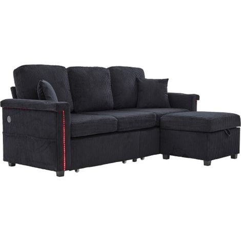 Canapé noir velours côtelé,LED ambiant,USB-C,tiroirs et poches rangement (1/5)