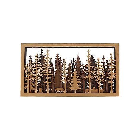 Plaque murale décorative en bois sculpté, motif forêt, style rustique. (1/2)