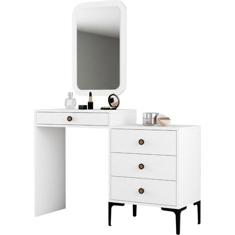 Toeletta Meltina, Mobile da Trucco Specchio Incluso, 4 Cassetti, con Piedini, 124x40x85h cm Bianco