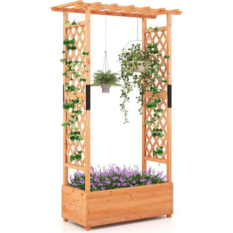 GOPLUS Jardinière Surélevée avec Treillis, Lit de Jardin en Bois avec Toit Suspendu, Trous de Drainage, 110x44x182cm (1/5)