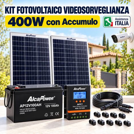 Kit Impianto Fotovoltaico per Videosorveglianza AlcaPower 400W con Batteria 100Ah professionale
