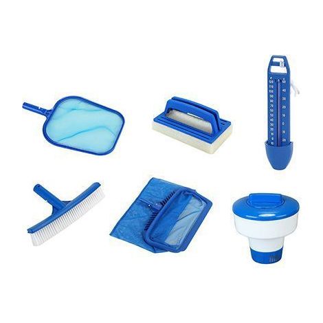 SPIDO - Kit Entretien Piscine - Épuisette surface et fond, Brosse paroi 26 cm, Brosse ligne d’eau, Diffuseur chlore, Thermomètre (1/2)