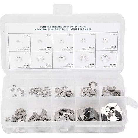 120pcs E Clip Rondelle En Acier Inoxydable Anneau De Retenue Externe Circlip Assortiment Kit 1.5mm-10mm (1/4)