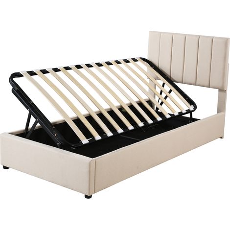Lit enfant rembourré 90x200 cm avec rangement hydraulique, lin beige MODENUIT (1/5)