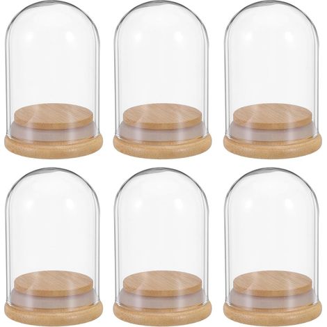 Lot de 6 Cloches en Verre 7 X 5 Cm avec Socle en Bois Naturel, Dôme D'exposition Étanche pour Fleurs Stabilisées, Objets de Collection et Décoration Intérieure, Protection (1/5)