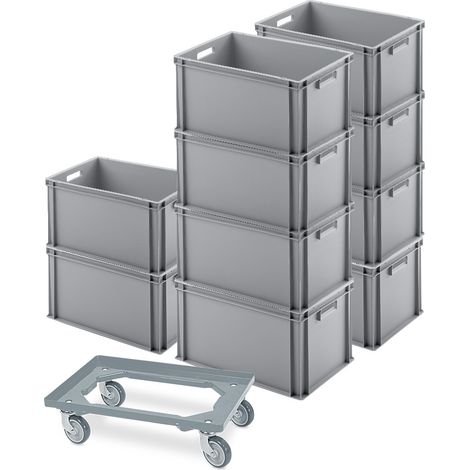 BRB 10er SPAR-Set Euro-Behälter PLUS Transportroller, 600x400x320 mm Industriequalität lebensmittelecht (grau/grau) (1/3)