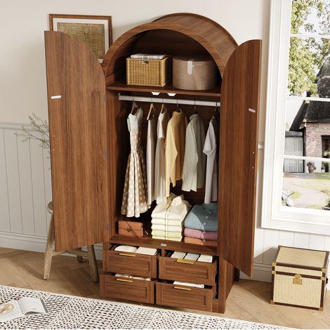 Kleiderschrank 80x50x179 cm Walnuss MDF mit geschwungenen Türen, Kleiderstange und Schubladen (1/5)