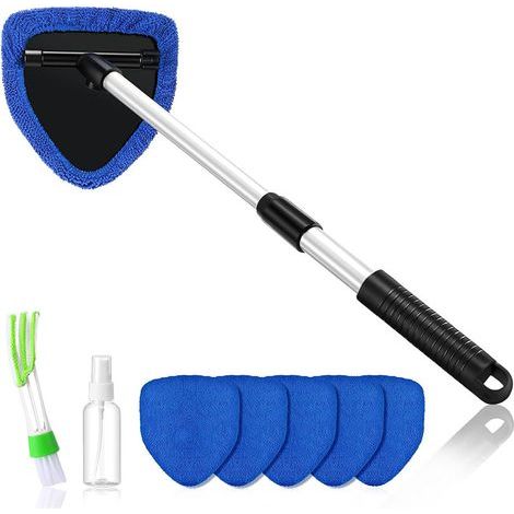 Kit Nettoyage Voiture, 6 Tampons Lavables, Nettoyage Pare Brise Intérieur, Nettoyage de Pare Brise avec Poignée Télescopique avec Poignée Pivotante à 180° (Bleu) (1/5)