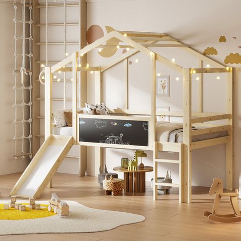 Letto rialzato per bambini 90x200 cm con scala, scivolo di sicurezza e lavagna, senza materasso, marrone (1/5)