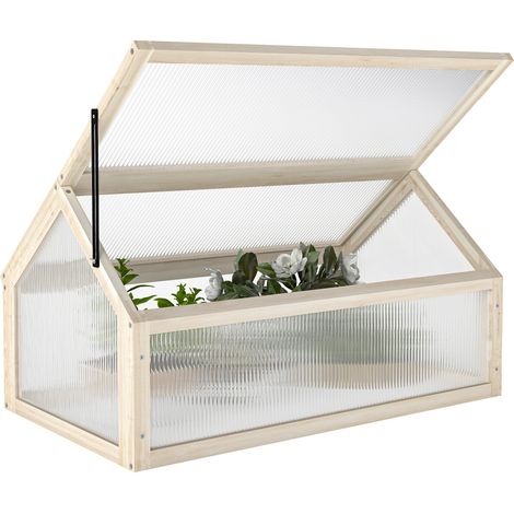 Mini-Gewächshaus, Kompaktes Pflanzenhaus aus Holz, Polycarbonat-Platten, Belüftungsöffnung, 90L x 52B x 49,5H cm, Natur