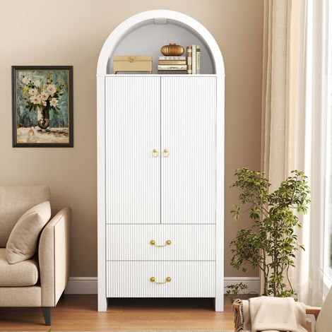 Credenza alta ad arco vetrina - 76 x 38 x 180 cm - armadio scarpiera soggiorno con luci led smart app - 2 ante scanalate e 2 cassetti in legno mdf stile moderno - bianco (1/5)