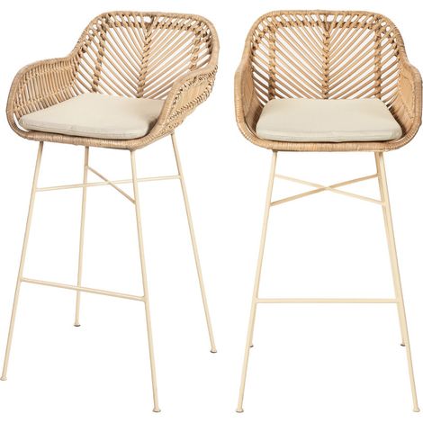 Drawer – Lot de 2 tabourets de bar en rotin tressé – Hauteur 76 cm – Accoudoirs et coussins rembourrés – Style bohème contemporain