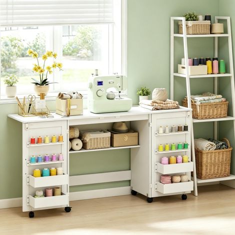 Mesa de costura plegable, mesa de costura multifuncional con ruedas, 2 puertas magnéticas, 4 cajas de almacenamiento y 20 ganchos (1 mesa de almacenamiento incluida). (1/5)