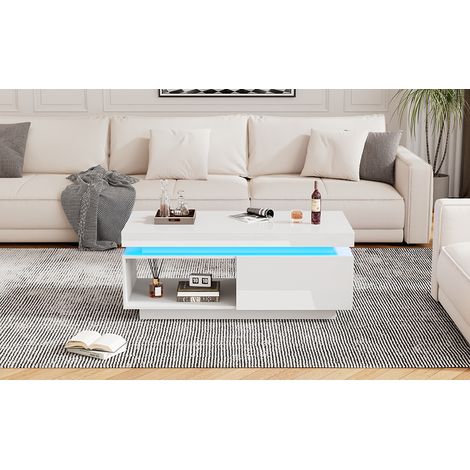 Table de salon moderne en matériau brillant, avec éclairage LED. Dimensions : 100 x 50 x 40,3 cm. Table élégante, dotée d’un tiroir et capable de supporter jusqu’à 50 kg. (1/5)