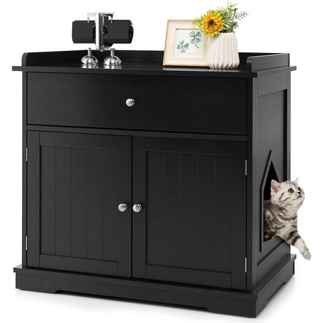COSTWAY Mueble para Gatos, Cajón y 2 Puertas, Casa para Gatos 76x53x74 cm (Negro)