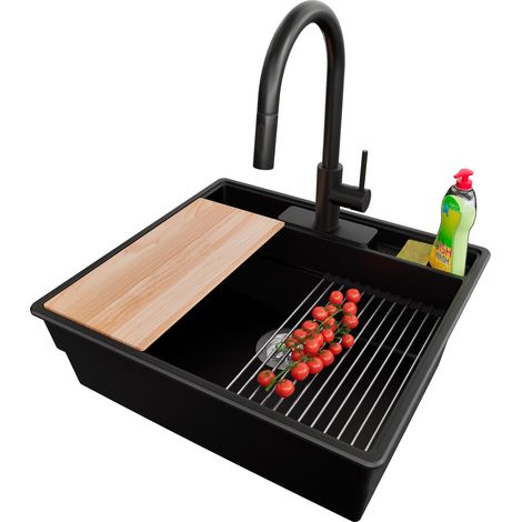 PRIMAGRAN Evier Cuisine en Granit 58x53cm,Lavabo 1 bac + Robinet 40x20cm + Kit de Vidage + Accessoires, Évier à Encastrer au meuble 60cm - New York, Noir (1/5)
