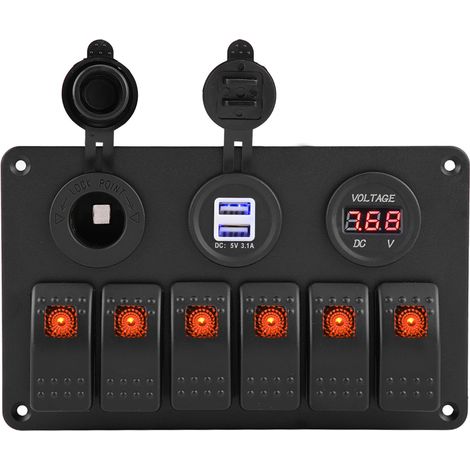 Panneau de commande à bascule LED 12V/24V à 6 positions pour automobile/marine avec double voltmètre USB et interface allume-cigare, orange. (1/5)