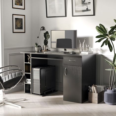 Bureau informatique table d'ordinateur multimédia multi-rangements avec étagère tiroir tablette clavier MDF 120x60x74 cm noir