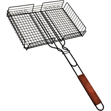 Panier à griller avec poignée en bois massif et couvercle rabattable - Antiadhésif, grande capacité pour poissons, crevettes et viandes - Panier à griller pour barbecue (1/5)