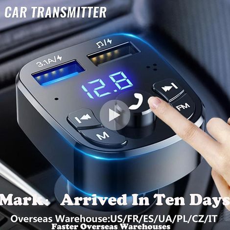 Kit autoradio avec émetteur FM Bluetooth version 5.0, chargeur allume-cigare, prise jack 3.0, double port USB, voltmètre et entrée/sortie auxiliaire (12/24 V CC). (1/5)