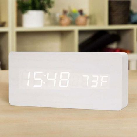 Réveil LED en bois blanc, horloge numérique avec contrle vocal, horloge électronique décorative pour bureau, chambre et salon,