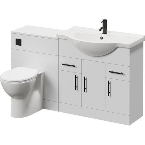 Alexander James Cento Gloss White 1450mm 3 Door Vanity Unit Toilet Suite - 1450mm - Matt Black 96mm Knurled Bar HandleJames Toilet Pan and Seat