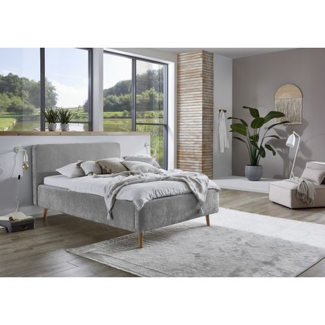 Meise Möbel Polsterbett Mattis 120x200 cm Bettgestell skandinavisches Kopfteil Strukturstoff Grau Holzfuß eichefarbig (1/5)