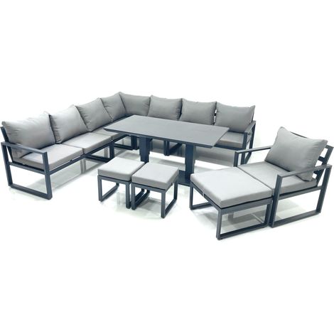 Fimous 11 Seater Outdoor Aluminum Garden Furniture Set Corner Sofa Chair 3 Footstools Adjustable Rising Lifting Dining Table Sets Dark Grey (1/5)
