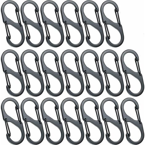 20pcs Mini Mousquetons en Forme de S Mousqueton en Alliage d'Aluminium 8 Formes Durable Léger Étanche Double Boucle pour la Maison en Plein Air Randonnée Pêche Camping Voyage Etc - Noir(40mm) (1/5)
