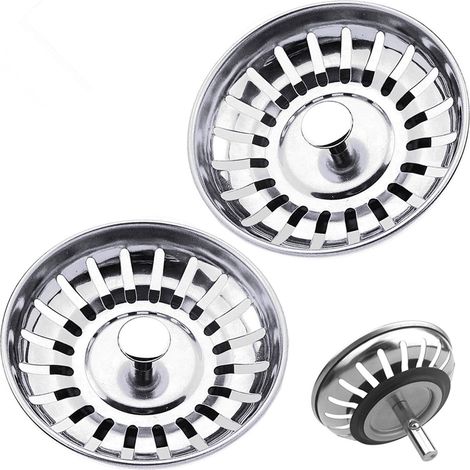 Bouchon de vidange d'évier 80 mm, lot de 2, en acier inoxydable, panier de remplacement manuel pour évier standard. (1/5)