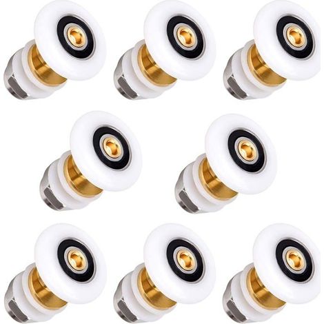 Pack 8 roulettes porte de douche 20 mm en nylon et cuivre – pour verre 4–6 mm, trous 10–12 mm (1/5)