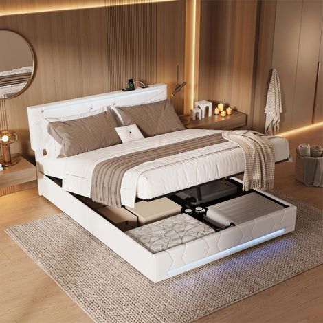 Letto contenitore 140x200 cm con rete a doghe - Vano contenitore con sollevamento idraulico - Lino beige - Illuminazione LED e porta USB - Design moderno chic