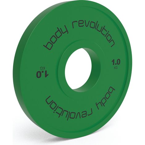Paire de disques fractionnés Body Revolution 1kg (vert), total 2kg, revêtement en caoutchouc, diamètre olympique 50 mm. Parfait pour progression contrôlée en musculation.