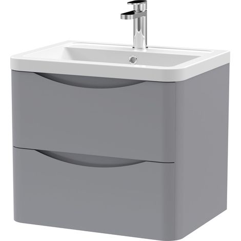 Nuie Lunar Satin Grey 600mm Wall Hung 2 Drawer Vanity Unit and Ceramic Basin - LUN202A (1/3)