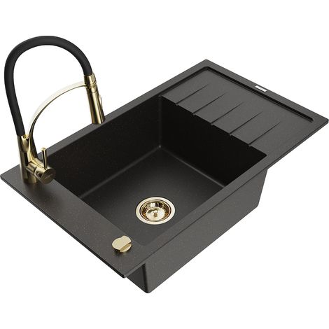 Mexen Elias 1-kammeriger Granitspülbecken mit Abtropffläche und Küchenarmatur Aster, schwarz/gold metallisch (1/5)