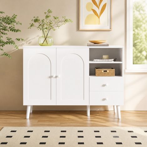 Buffet blanc avec portes cintrées, 2 portes, 2 tiroirs et niches ouvertes, 118 x 35 x 82 cm (1/5)
