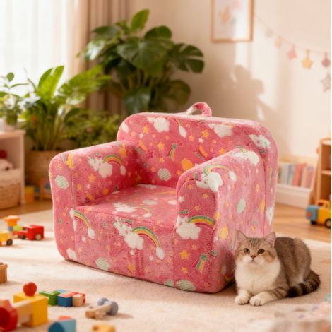 Sillón infantil rosa con arcoíris, asa y bolsillos laterales (1/5)