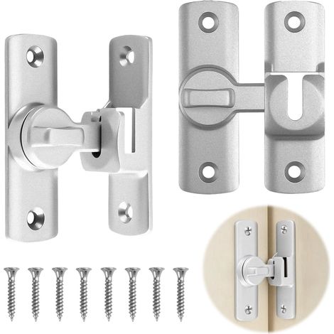 Lot de 2 Verrous de Porte Coulissante, Fermeture à Rabat 90/180 Degrés en Alliage d'Aluminium, Serrure de Sécurité pour Salle de Bain, Chambre, Armoire et Fenêtre (Argent) (1/5)