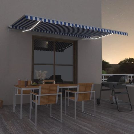 Toldo retráctil manual con LED azul y 500x350 cm